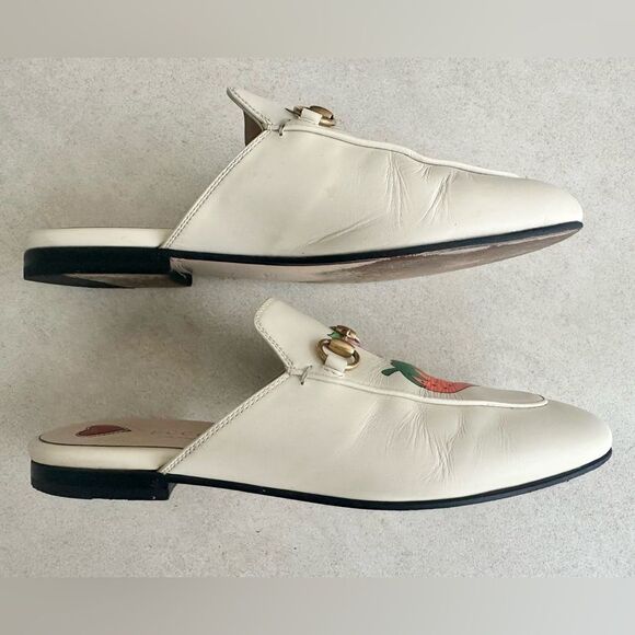 Gucci Princetown Leather Off White Strawberry Slip on Horsebit Flat Mules Sz 38 - Picture 5 of 12